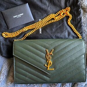 Authentic YSL chain wallet in dark green
